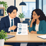 面接担当者と外国人応募者が勤務時間や給与の条件を資料で確認するイラスト