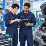 自動車整備工場でチェックリストを確認する二人の整備士のイラスト