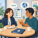 外国人社員の相談を担当者が聞き、対応内容を記録する職場のイラスト