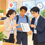 採用担当と現場担当が新入社員を迎え、初出勤の案内と引継ぎチェックリストを一緒に確認するイラスト