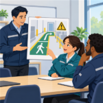 研修室で社員が通路の安全図を指差して説明し、教育担当者と同僚が理解を確認するイラスト